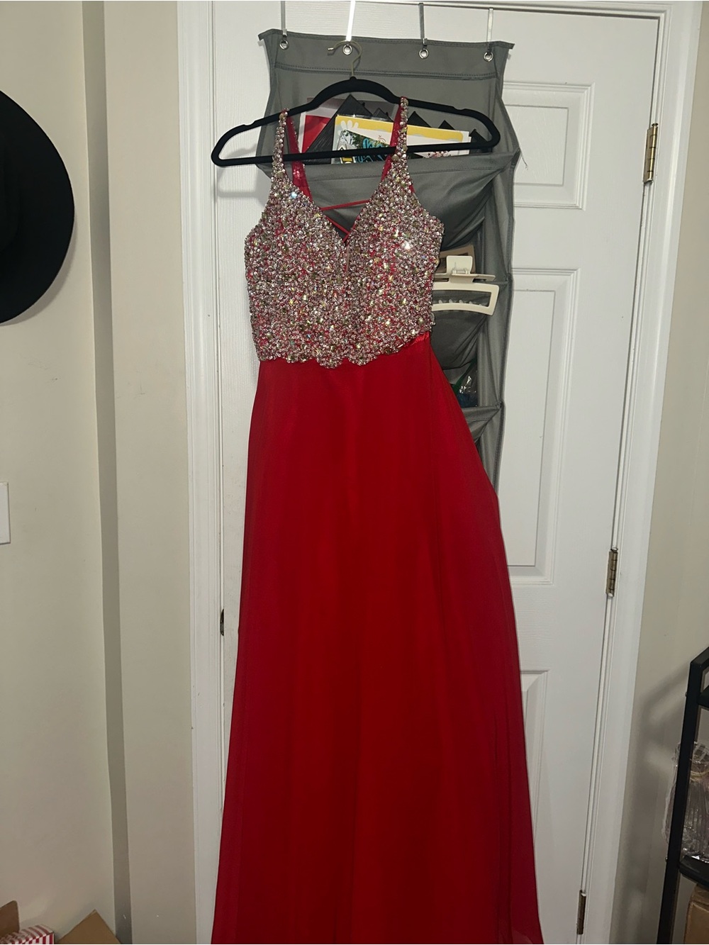 Red Embellished V-Neck Prom Dress